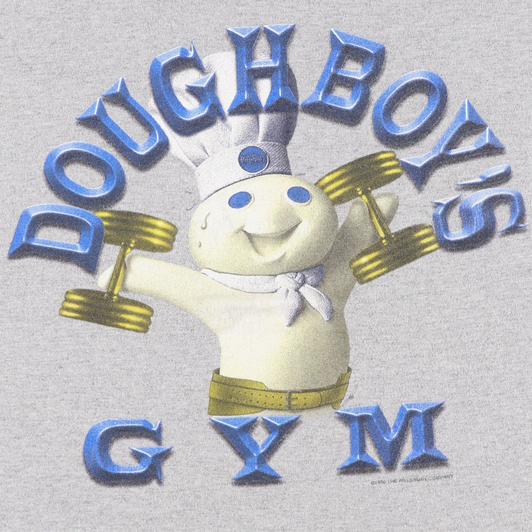 90'S LOGOTEL Doughboy parody advertising T-shirt, Made in USA, Men's size L equivalent, Vintage cotton gray type Vintage Second Hand