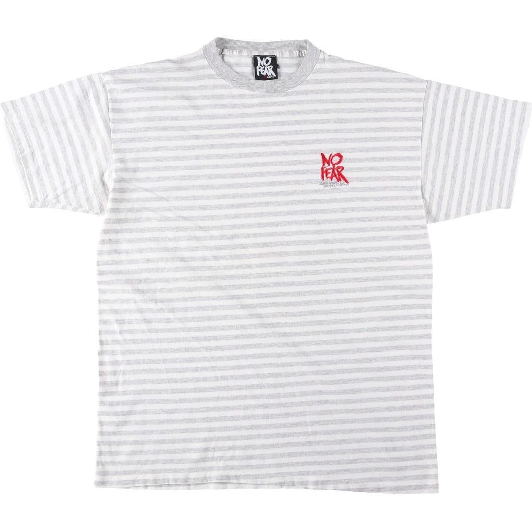 90'S NO FEAR Striped Pattern Logo T-Shirt, Made in USA, Men's XL equivalent, Vintage cotton gray type Vintage Second Hand
