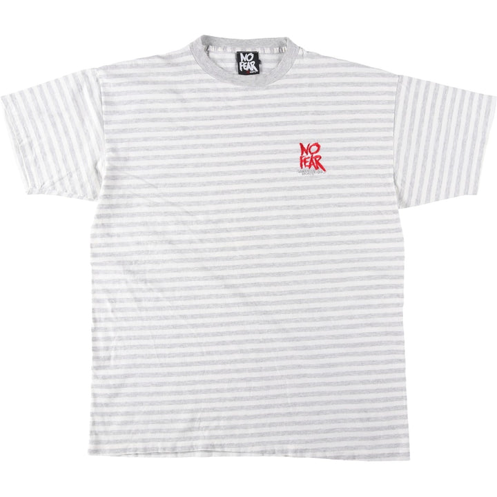 90'S NO FEAR Striped Pattern Logo T-Shirt, Made in USA, Men's XL equivalent, Vintage cotton gray type Vintage Second Hand