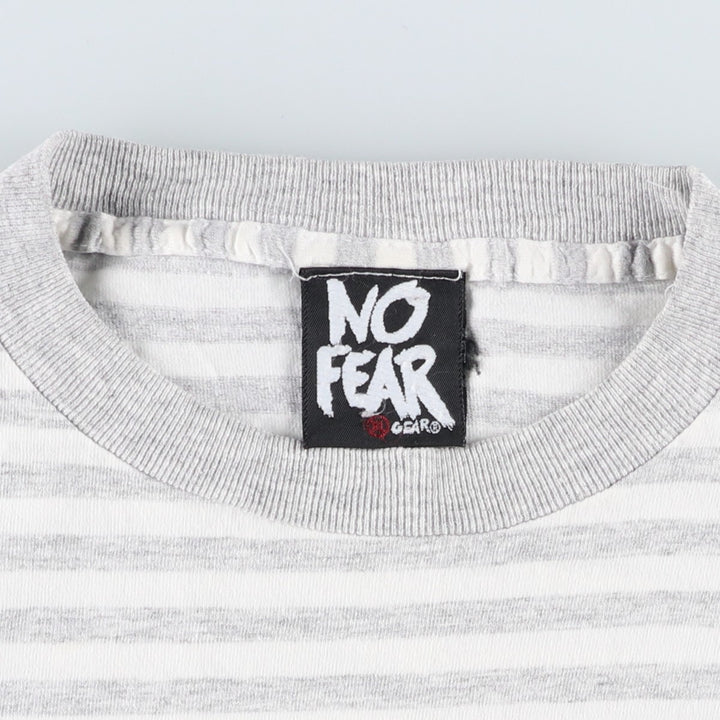 90'S NO FEAR Striped Pattern Logo T-Shirt, Made in USA, Men's XL equivalent, Vintage cotton gray type Vintage Second Hand