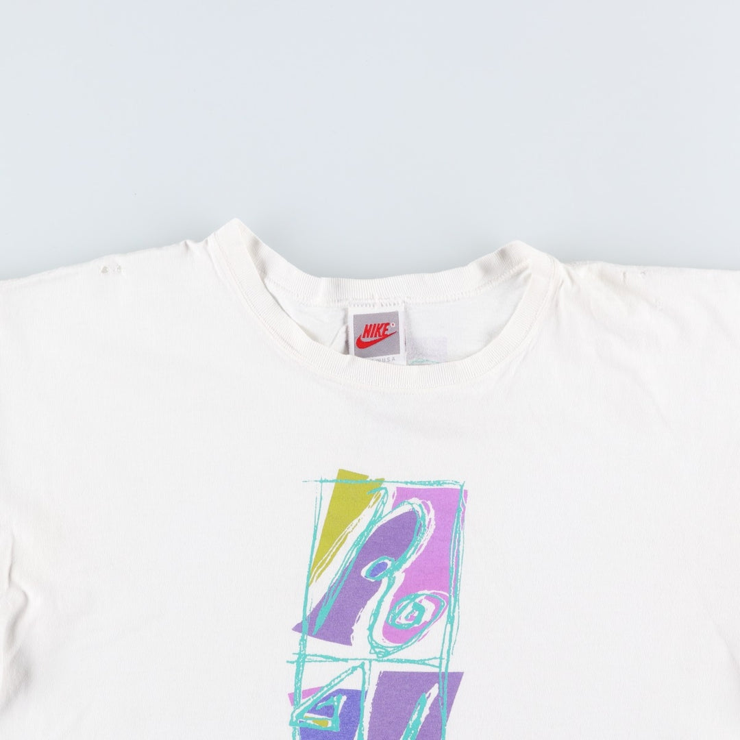 90'S Nike Silver Tag Printed T-Shirt Made in USA Men's L Size Vintage cotton white type Vintage Second Hand