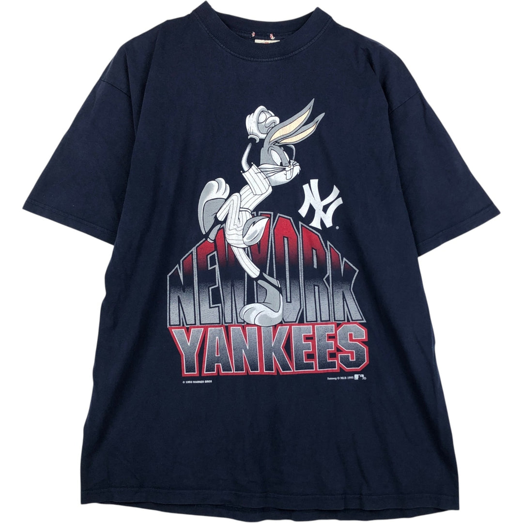 90'S NUTMEG MLB New York Yankees Looney Tunes Bugs Bunny Character Print T-Shirt cotton navy blue type Vintage Second Hand