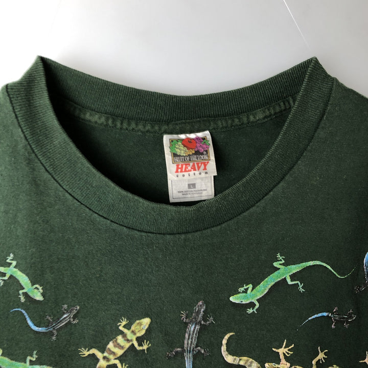 90'S Fruit of the Loom Heavy Cotton All-Over Print Animal T-Shirt, Men's Size L (Equivalent), Vintage cotton Khaki type Vintage Second Hand