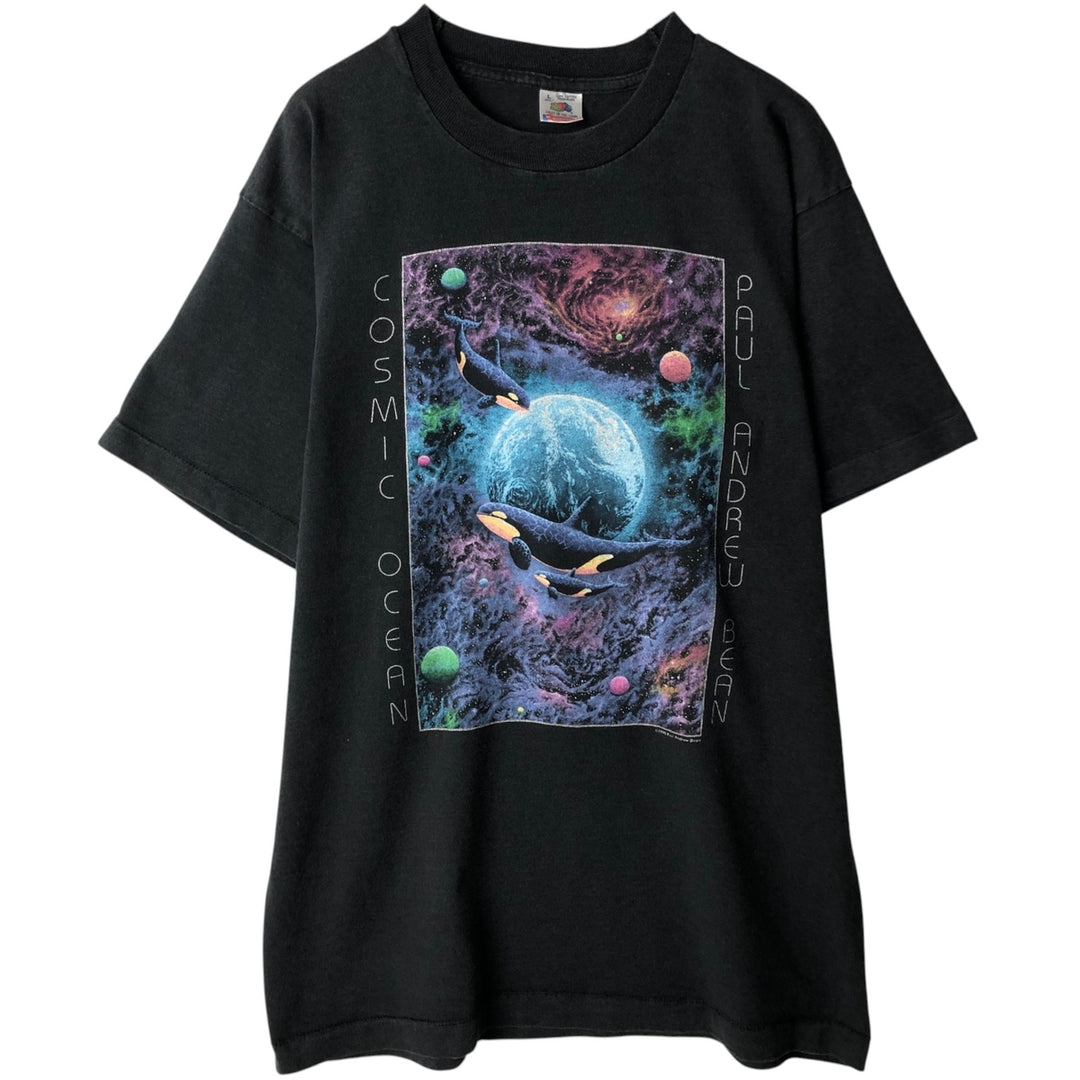 Fruit of the Loom printed t-shirt, made in the USA, men's size L equivalent, vintage. cotton black type Vintage Second Hand