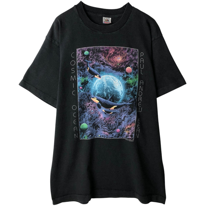 Fruit of the Loom printed t-shirt, made in the USA, men's size L equivalent, vintage. cotton black type Vintage Second Hand