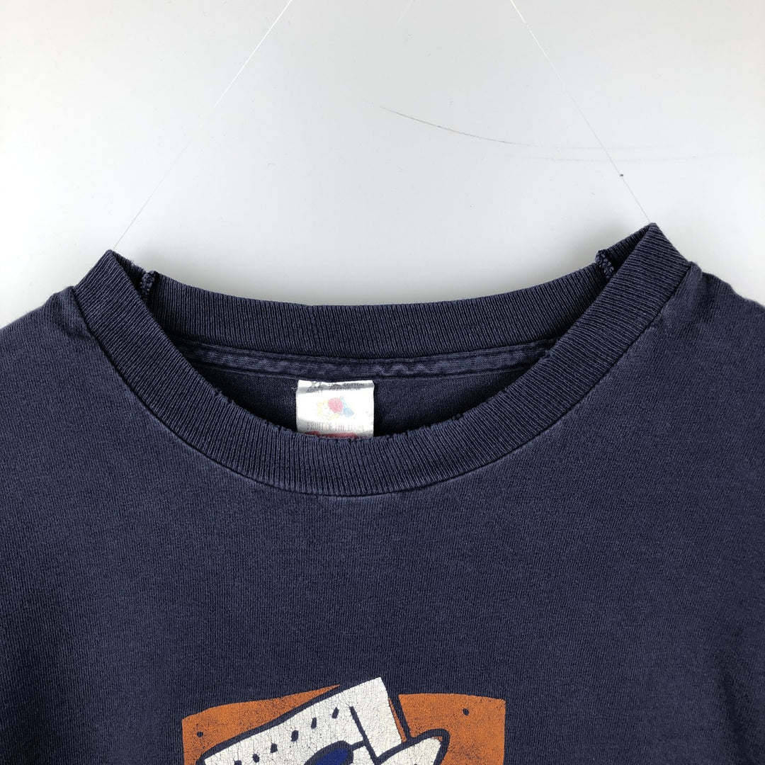 ~90'S Fruit of the Loom Print T-Shirt, Made in USA, Men's XL equivalent, Vintage cotton navy blue type Vintage Second Hand
