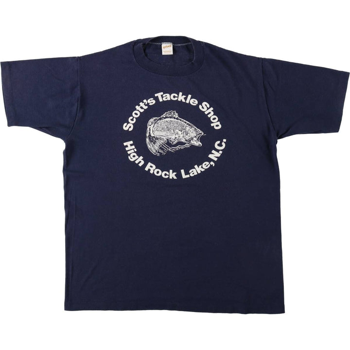 ~90'S Sportswear Scott's Tackle Shop Print T-Shirt, Made in USA, Men's Size L (approx.), Vintage polyester navy blue type Vintage Second Hand