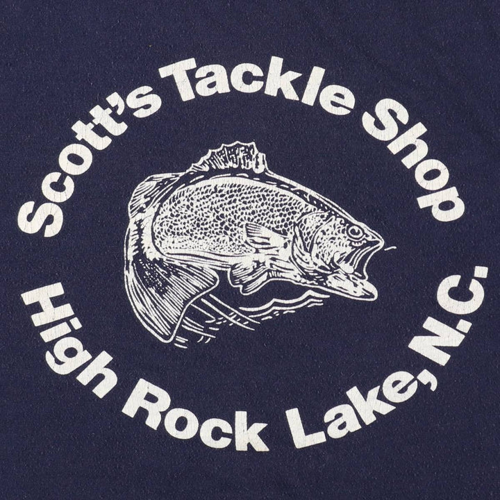 ~90'S Sportswear Scott's Tackle Shop Print T-Shirt, Made in USA, Men's Size L (approx.), Vintage polyester navy blue type Vintage Second Hand