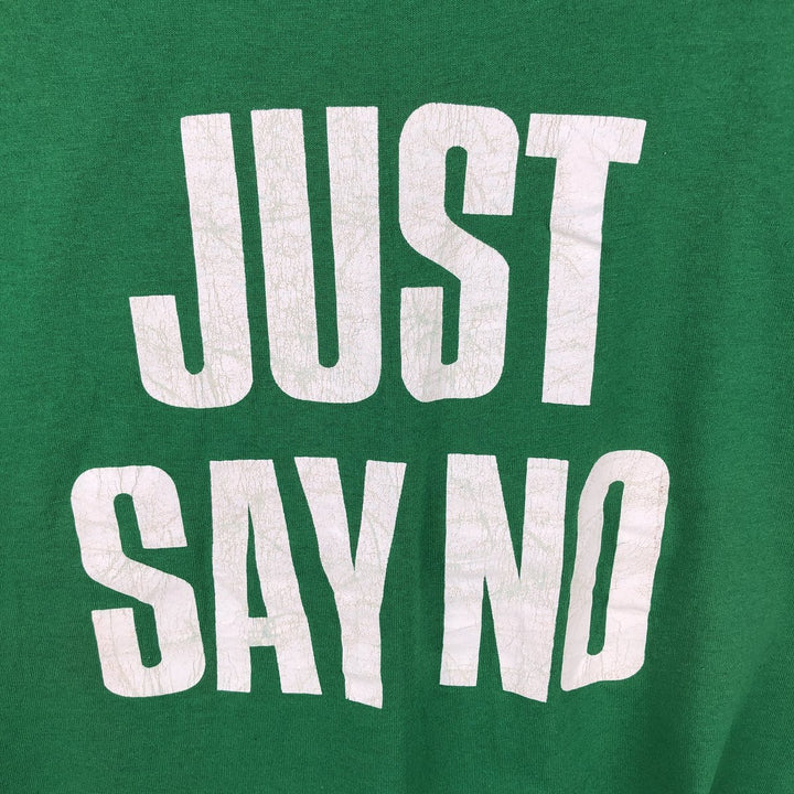 90'S Tee Jays Message Print T-Shirt, Made in USA, Men's XL equivalent, Vintage polyester green type Vintage Second Hand