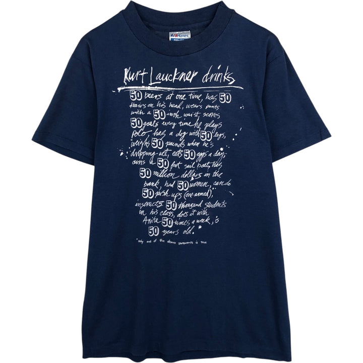 1980'S Hanes Fifty-Fifty Blue Tag Message Print T-Shirt, Made in USA, Men's Size M (approx.), Vintage cotton navy blue type Vintage Second Hand
