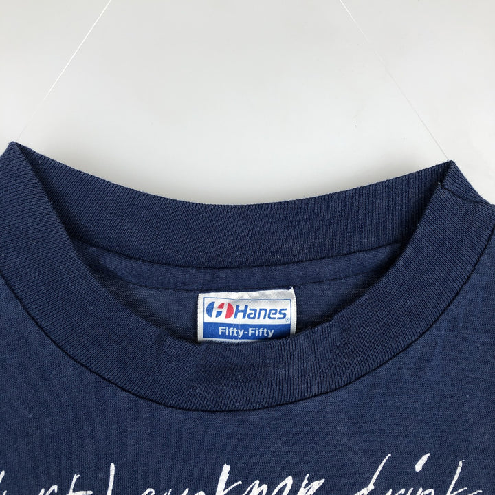 1980'S Hanes Fifty-Fifty Blue Tag Message Print T-Shirt, Made in USA, Men's Size M (approx.), Vintage cotton navy blue type Vintage Second Hand