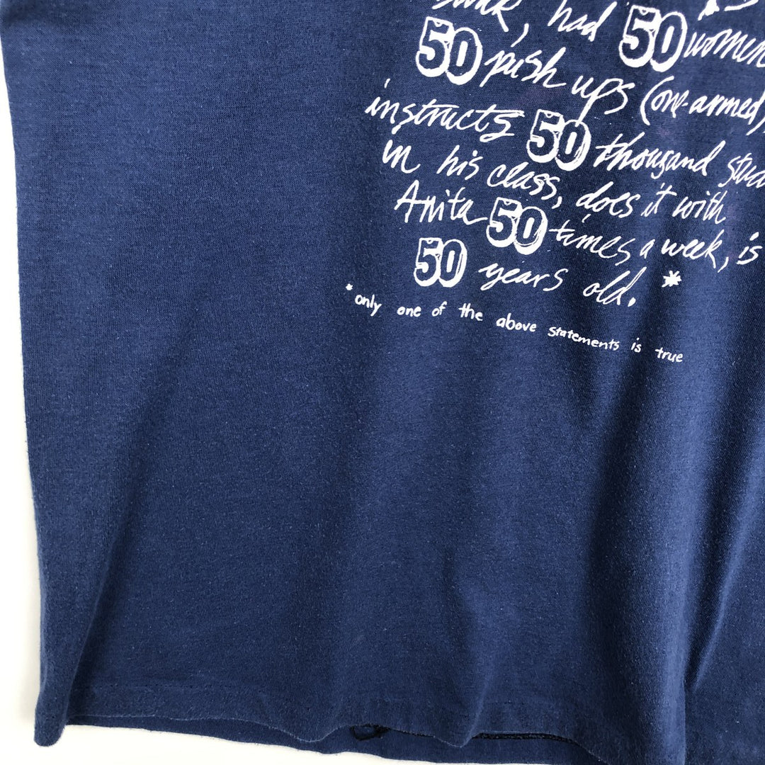 1980'S Hanes Fifty-Fifty Blue Tag Message Print T-Shirt, Made in USA, Men's Size M (approx.), Vintage cotton navy blue type Vintage Second Hand