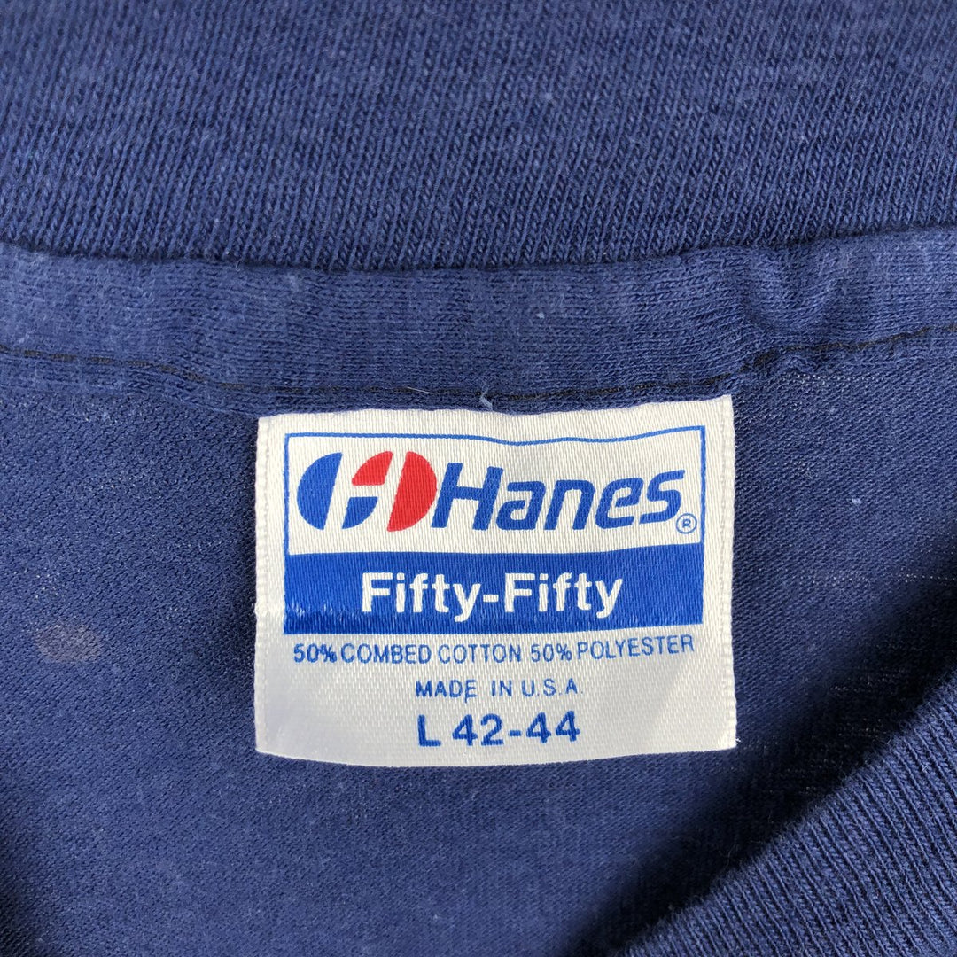 80'S Hanes Fifty-Fifty Blue Tag Printed T-Shirt Made in USA Men's L Size Vintage cotton navy blue type Vintage Second Hand