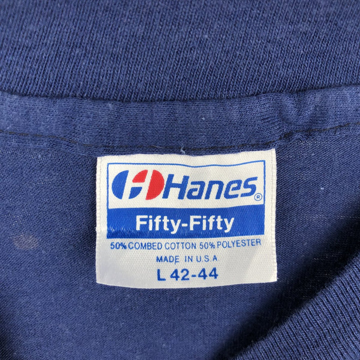 80'S Hanes Fifty-Fifty Blue Tag Printed T-Shirt Made in USA Men's L Size Vintage cotton navy blue type Vintage Second Hand