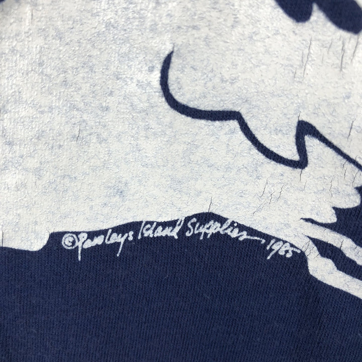 80'S Hanes Fifty-Fifty Blue Tag Printed T-Shirt Made in USA Men's L Size Vintage cotton navy blue type Vintage Second Hand