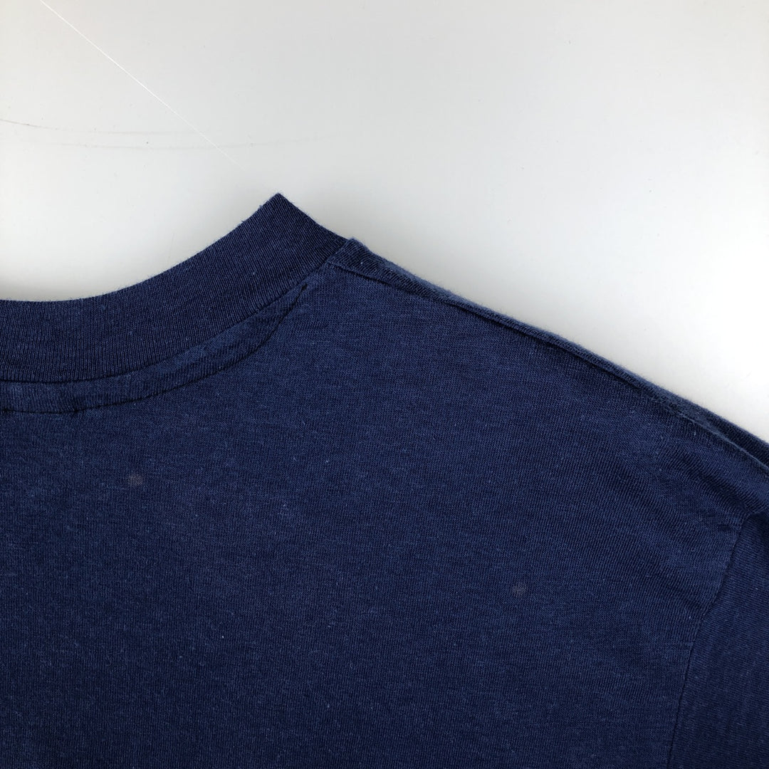 80'S Hanes Fifty-Fifty Blue Tag Printed T-Shirt Made in USA Men's L Size Vintage cotton navy blue type Vintage Second Hand