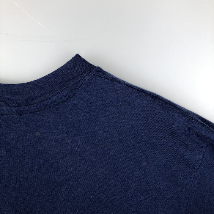 80'S Hanes Fifty-Fifty Blue Tag Printed T-Shirt Made in USA Men's L Size Vintage cotton navy blue type Vintage Second Hand