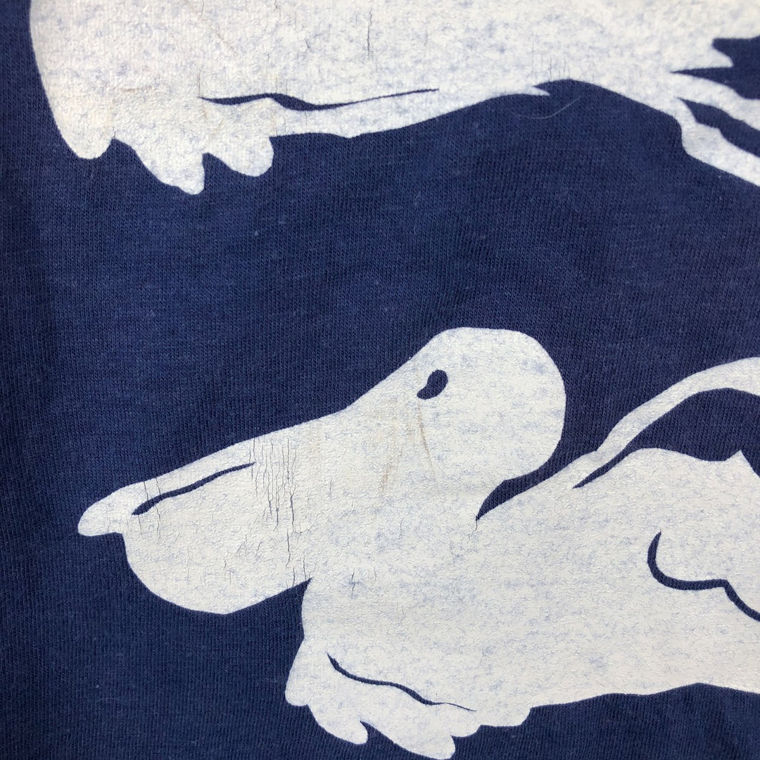 80'S Hanes Fifty-Fifty Blue Tag Printed T-Shirt Made in USA Men's L Size Vintage cotton navy blue type Vintage Second Hand