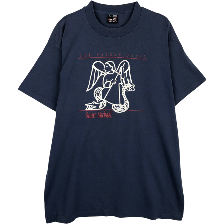 90'S Fruit of the Loom Best Printed T-shirt, Made in USA, Men's L size, Vintage cotton Navy blue Vintage Second Hand