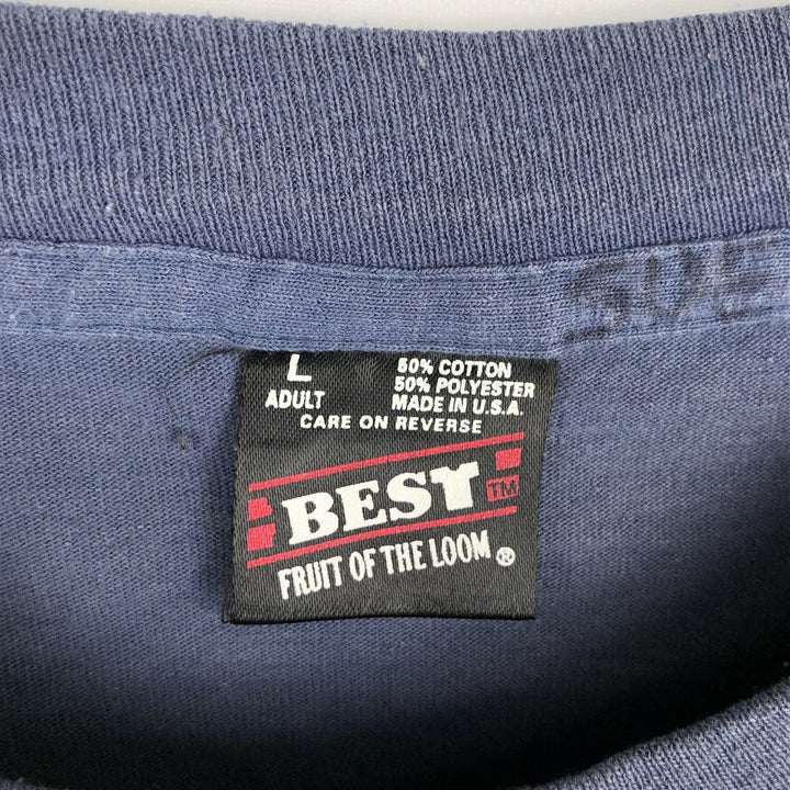 90'S Fruit of the Loom Best Printed T-shirt, Made in USA, Men's L size, Vintage cotton Navy blue Vintage Second Hand