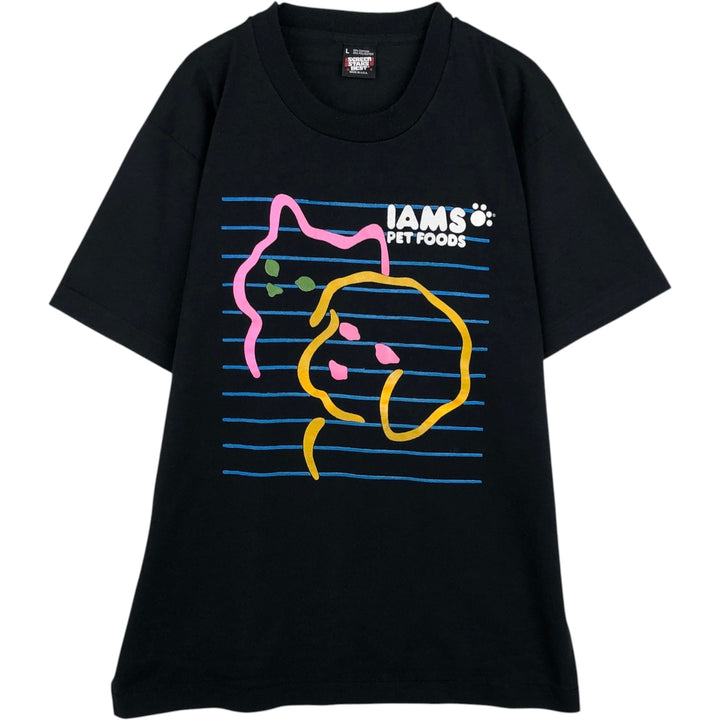 90'S Screen Stars IAMS T-shirt with dog and cat pattern print, made in USA, men's size L equivalent, vintage. cotton black type Vintage Second Hand
