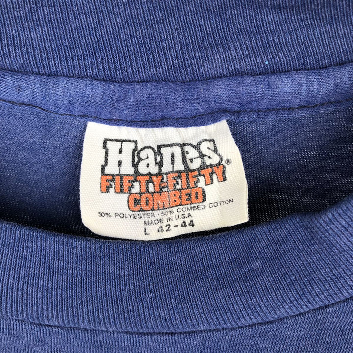 80'S Hanes FIFTY-FIFTY COMBED Orange Tag Printed T-Shirt, Made in USA, Men's Size L (approx.), Vintage polyester navy blue type Vintage Second Hand