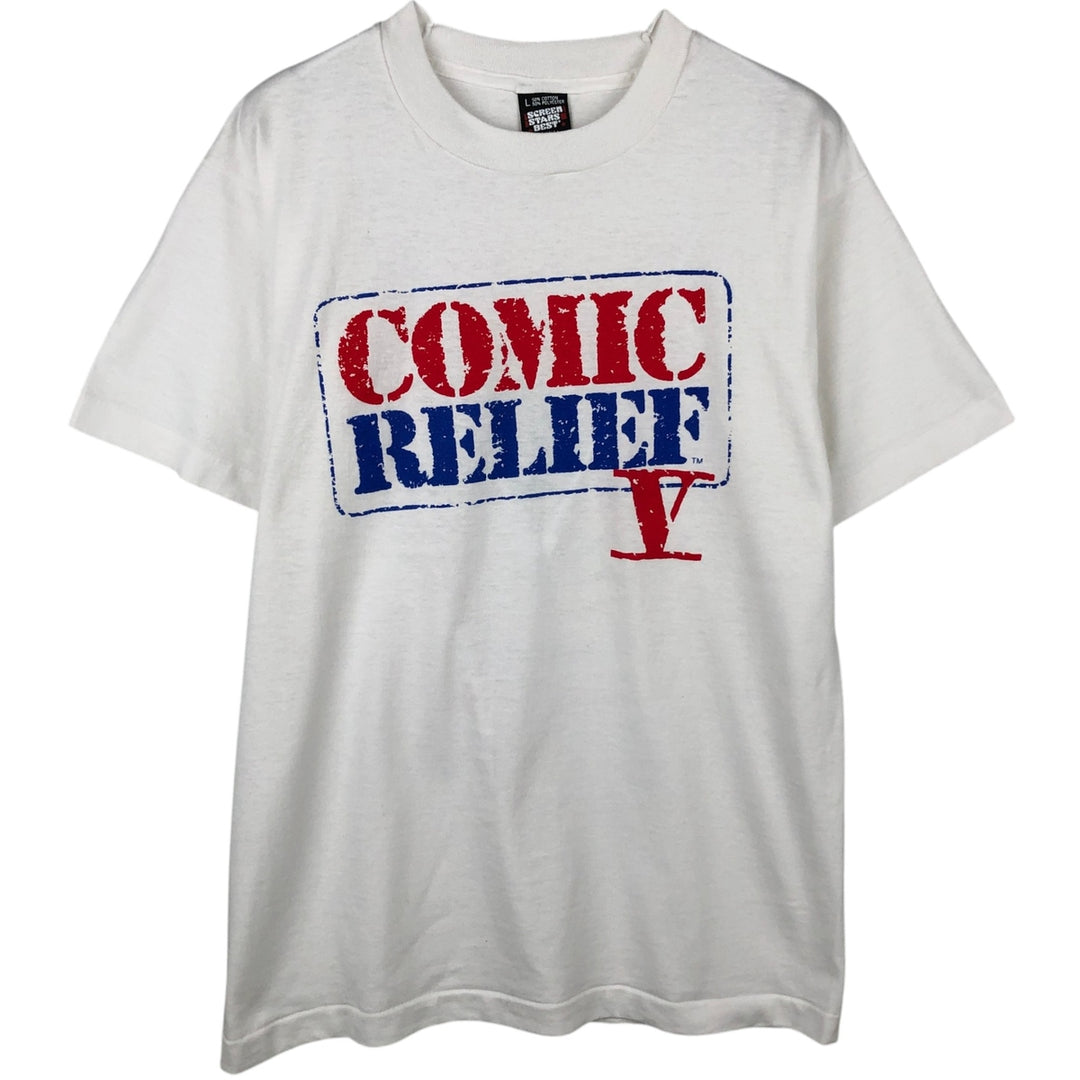 90'S Screen Stars Comic Relief Print T-Shirt, Made in USA, Men's Size L (approx.), Vintage cotton white type Vintage Second Hand