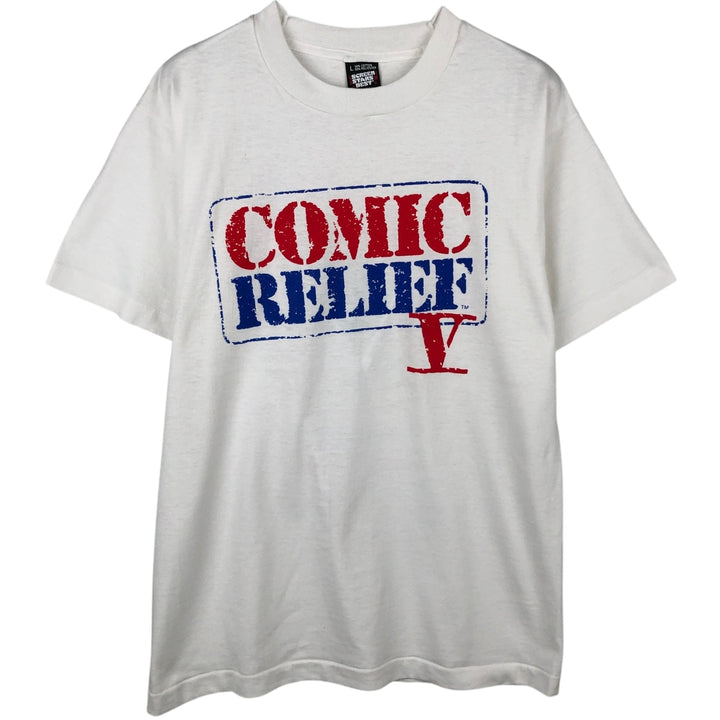 90'S Screen Stars Comic Relief Print T-Shirt, Made in USA, Men's Size L (approx.), Vintage cotton white type Vintage Second Hand