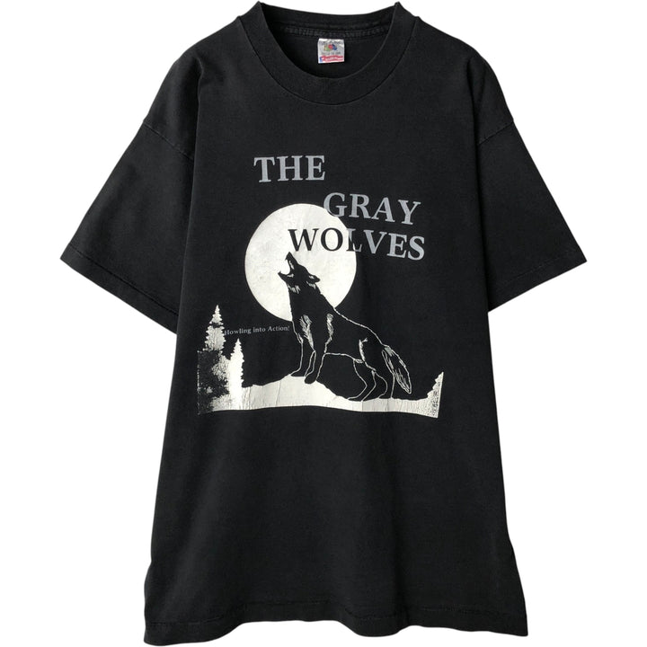 ~90'S Fruit of the Loom Wolf Pattern Animal T-Shirt, Made in USA, Men's Size L (Equivalent), Vintage cotton black type Vintage Second Hand