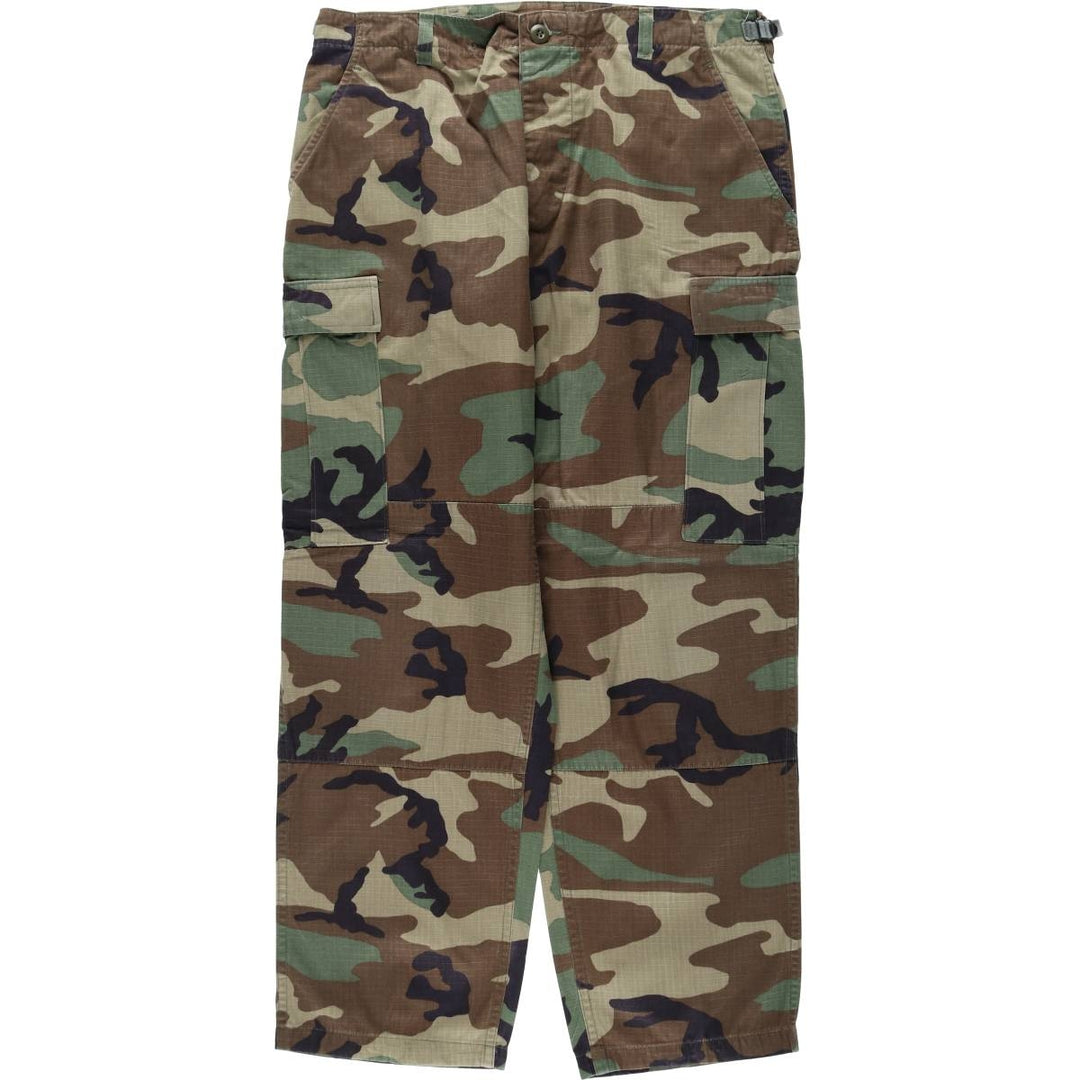 1990'S US Military Issue Camouflage Pattern Woodland Camo Ripstop Military Cargo Pants Combat Pants Made in USA MEDIUM-SHORT Nylon Khaki type Vintage Second Hand