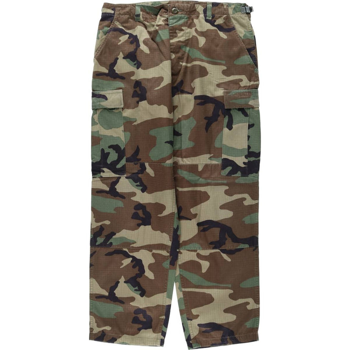 1990'S US Military Issue Camouflage Pattern Woodland Camo Ripstop Military Cargo Pants Combat Pants Made in USA MEDIUM-SHORT Nylon Khaki type Vintage Second Hand