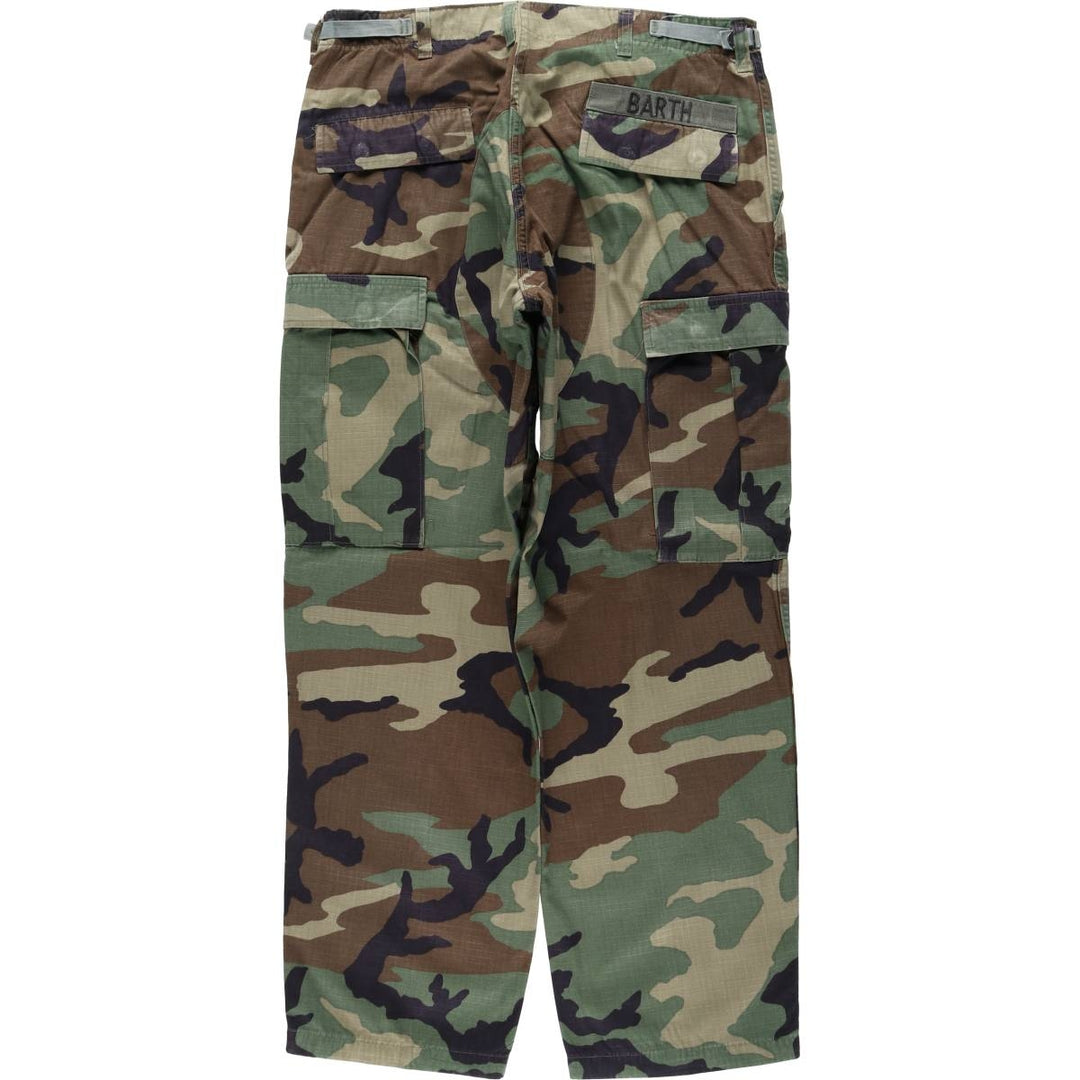 1990'S US Military Issue Camouflage Pattern Woodland Camo Ripstop Military Cargo Pants Combat Pants Made in USA MEDIUM-SHORT Nylon Khaki type Vintage Second Hand