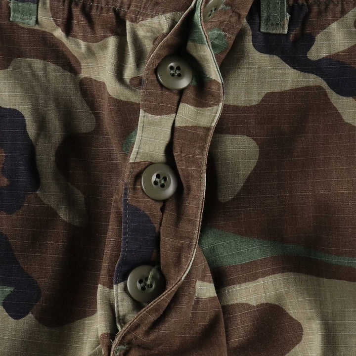 1990'S US Military Issue Camouflage Pattern Woodland Camo Ripstop Military Cargo Pants Combat Pants Made in USA MEDIUM-SHORT Nylon Khaki type Vintage Second Hand