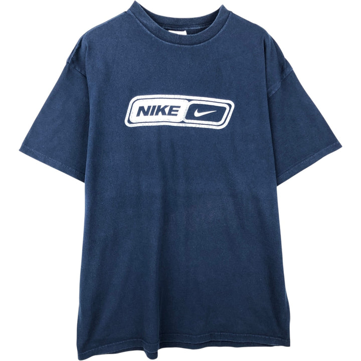 90s-era Nike logo print t-shirt, made in USA, men's size L equivalent, vintage. cotton navy blue type Vintage Second Hand