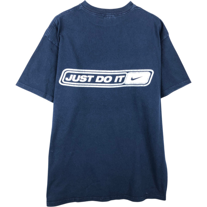 90s-era Nike logo print t-shirt, made in USA, men's size L equivalent, vintage. cotton navy blue type Vintage Second Hand