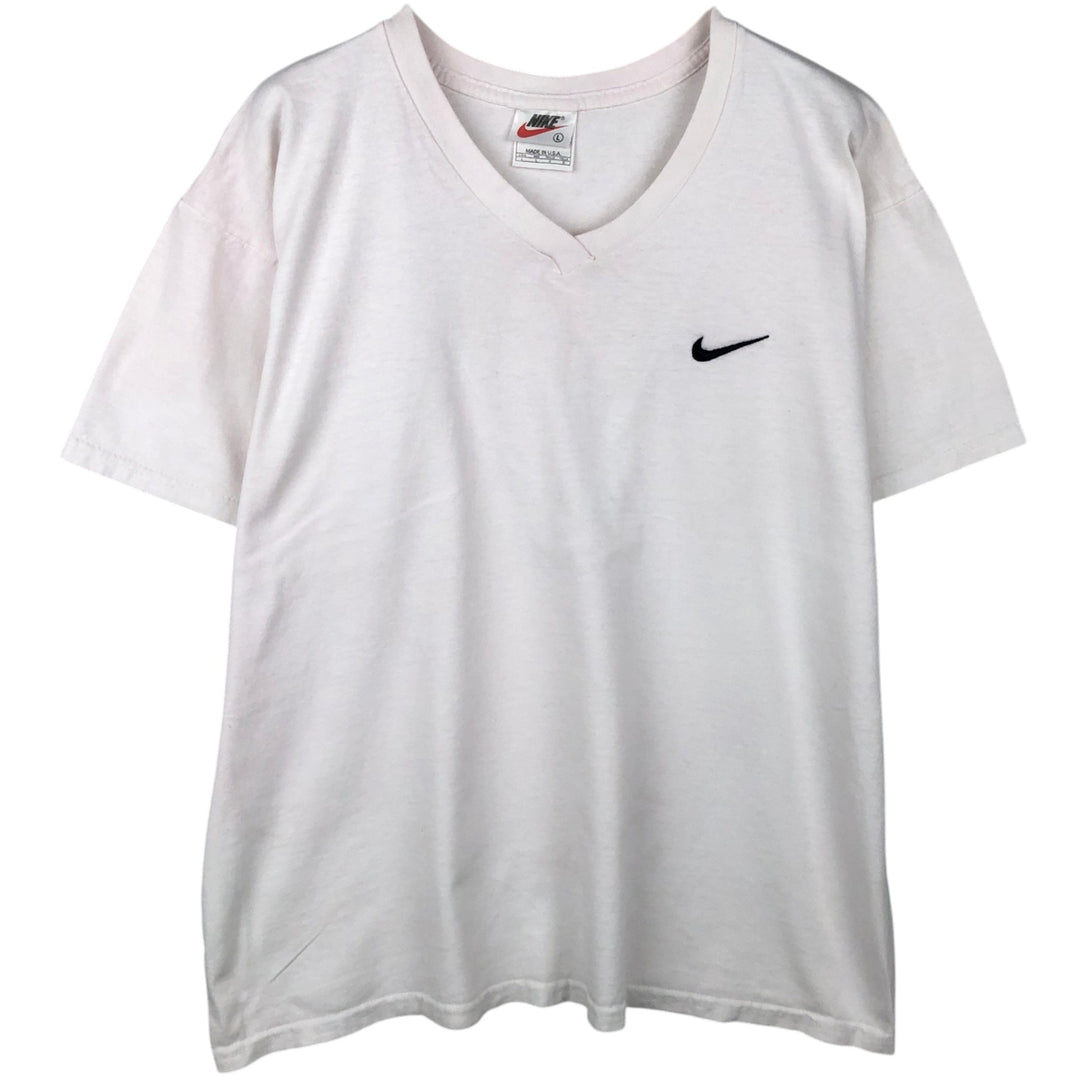 90s-era Nike V-neck T-shirt with a single logo, made in USA, men's size L equivalent, vintage. cotton white type Vintage Second Hand