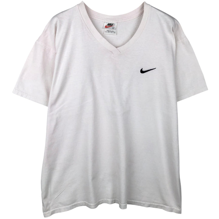 90s-era Nike V-neck T-shirt with a single logo, made in USA, men's size L equivalent, vintage. cotton white type Vintage Second Hand