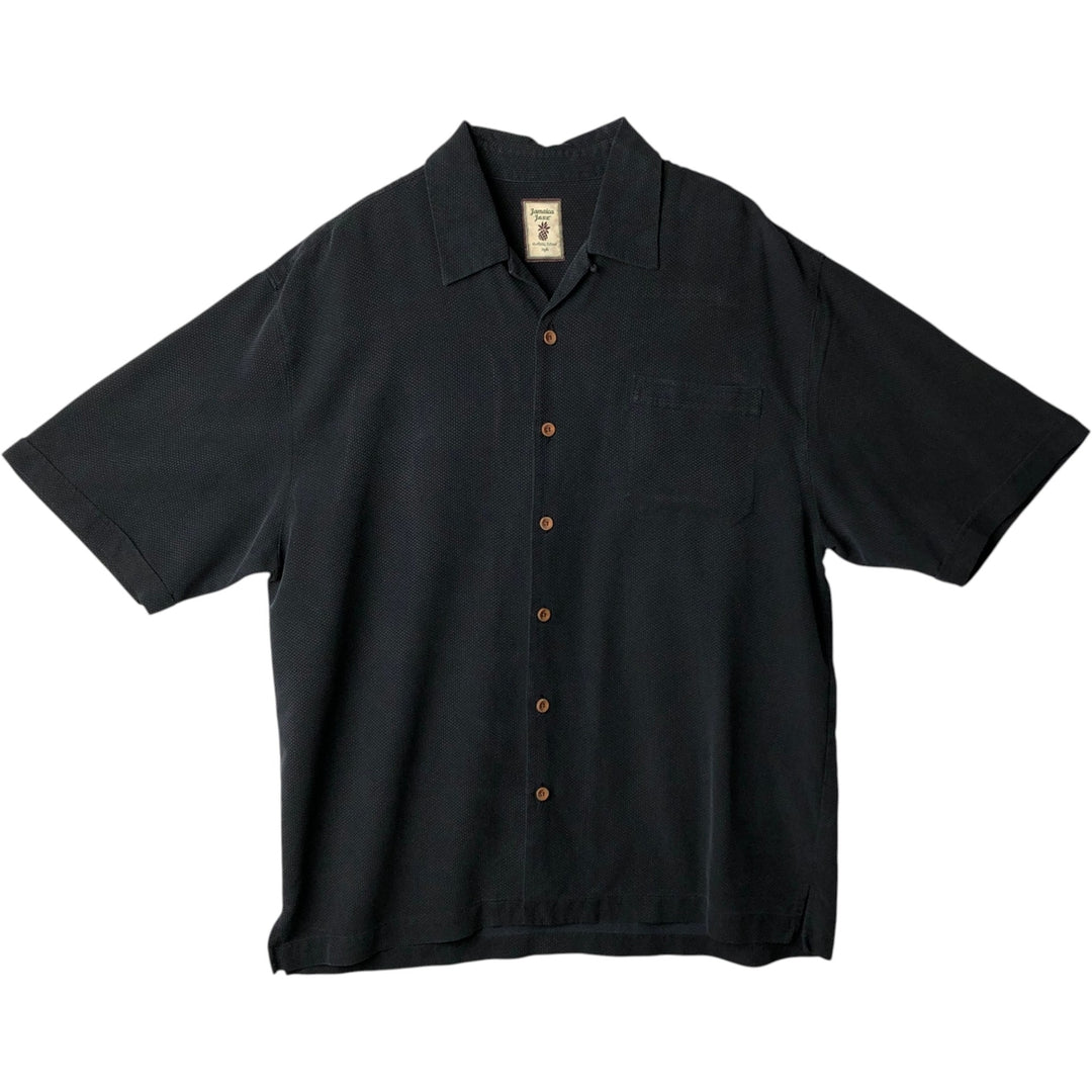 Jamaica Jaxx Short-Sleeve Open-Collar Silk Shirt, Boxy Fit, Men's Size L (approx.) silk black type Vintage Second Hand
