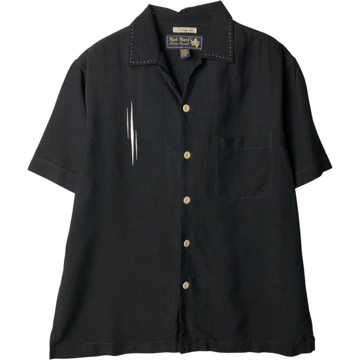 Nat Nast Short-Sleeve Open-Collar Silk Shirt, Boxy Fit, Men's Size M (approx.) silk black type Vintage Second Hand