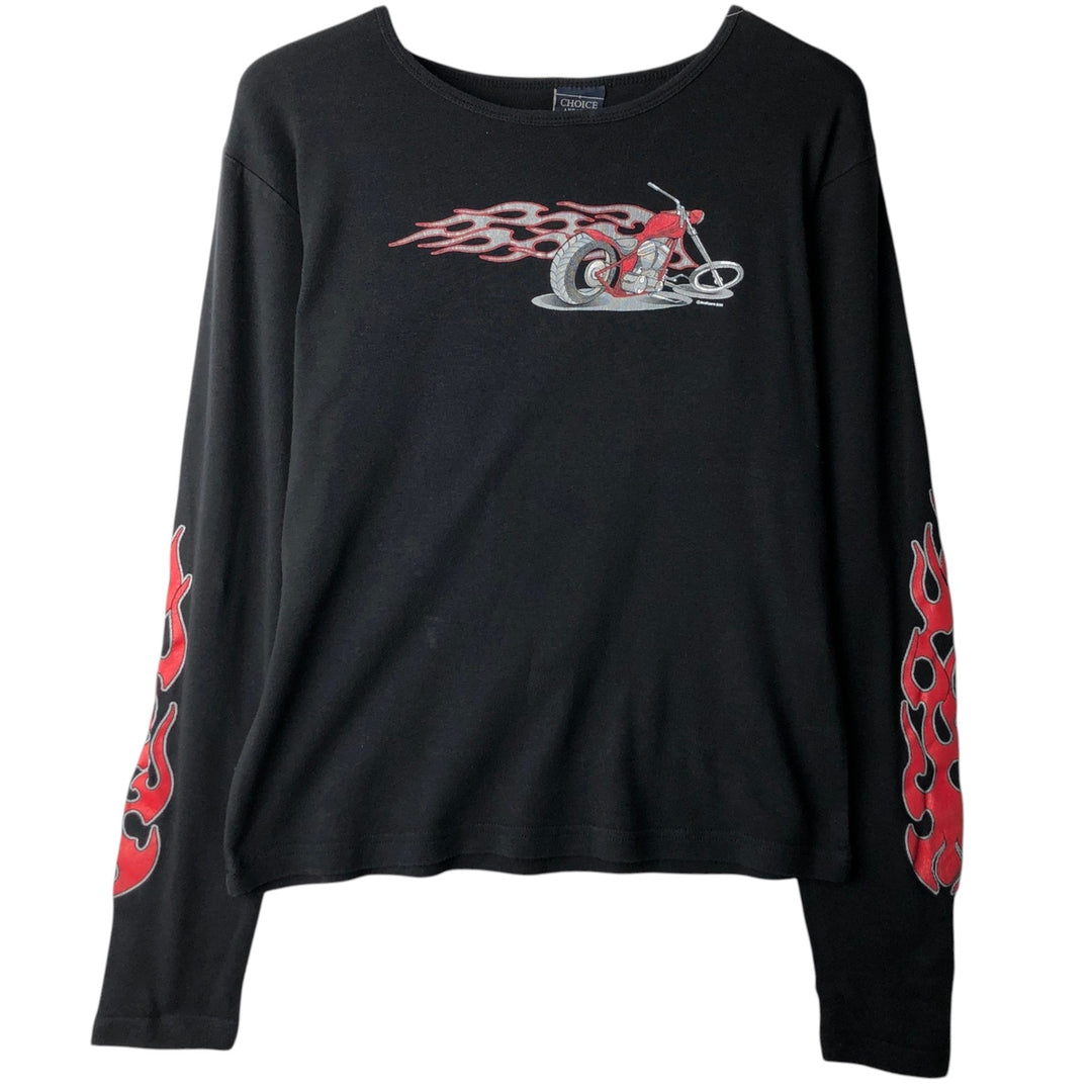 2000'S CHOICE APPAREL Fire Pattern Long-Sleeve T-Shirt, Made in Russia, Women's Size XL (approx.) cotton black type Vintage Second Hand