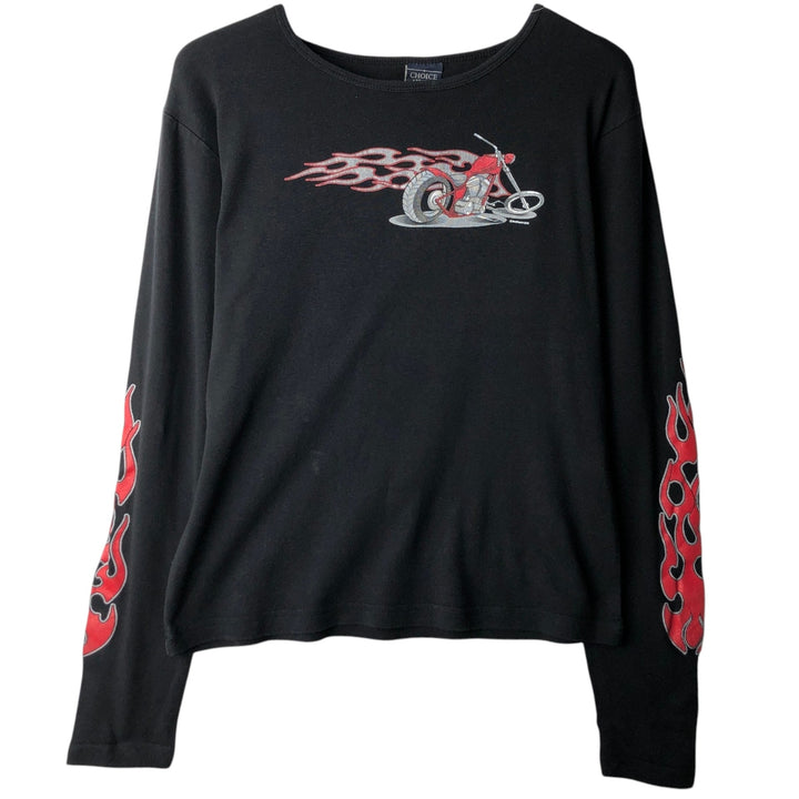 2000'S CHOICE APPAREL Fire Pattern Long-Sleeve T-Shirt, Made in Russia, Women's Size XL (approx.) cotton black type Vintage Second Hand