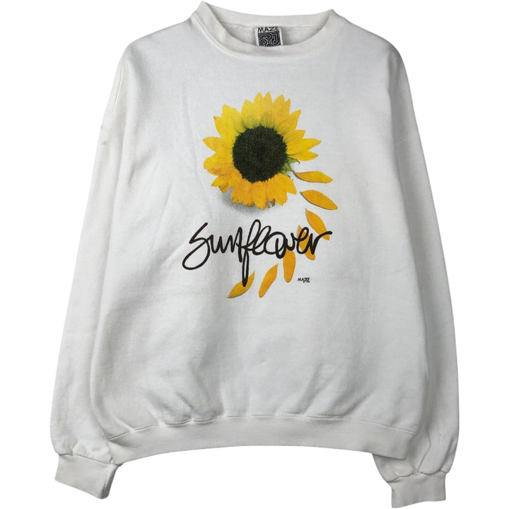 90'S MAZE Floral Sunflower Pattern Print Sweatshirt, Made in USA, Men's Size M (Equivalent), Vintage cotton white type Vintage Second Hand