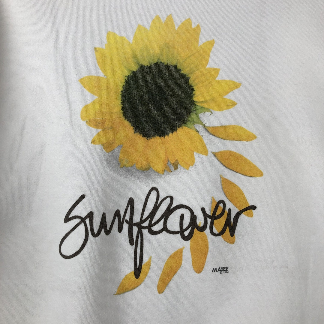 90'S MAZE Floral Sunflower Pattern Print Sweatshirt, Made in USA, Men's Size M (Equivalent), Vintage cotton white type Vintage Second Hand