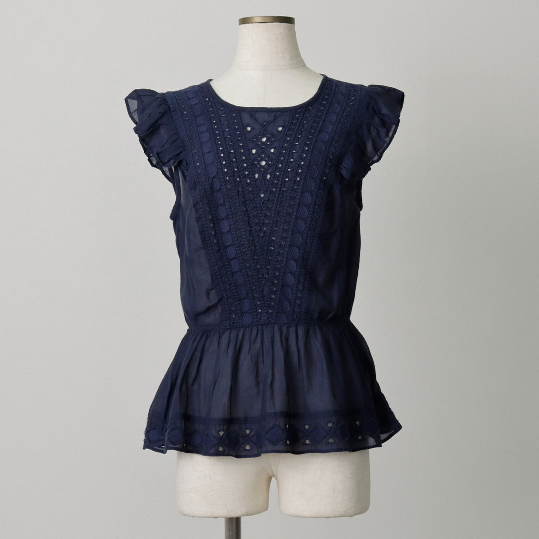 HINGE Ruffle Sleeve Peplum Short Sleeve Blouse (Women's Size XS) Viscose navy blue type Vintage Second Hand