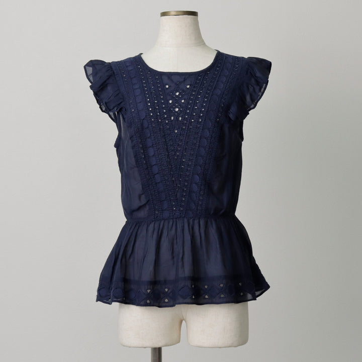 HINGE Ruffle Sleeve Peplum Short Sleeve Blouse (Women's Size XS) Viscose navy blue type Vintage Second Hand