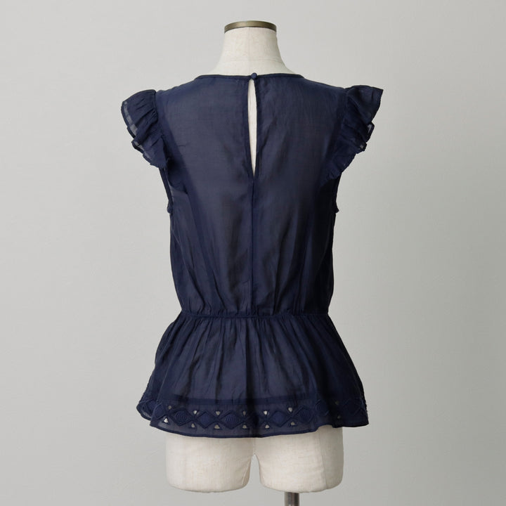 HINGE Ruffle Sleeve Peplum Short Sleeve Blouse (Women's Size XS) Viscose navy blue type Vintage Second Hand