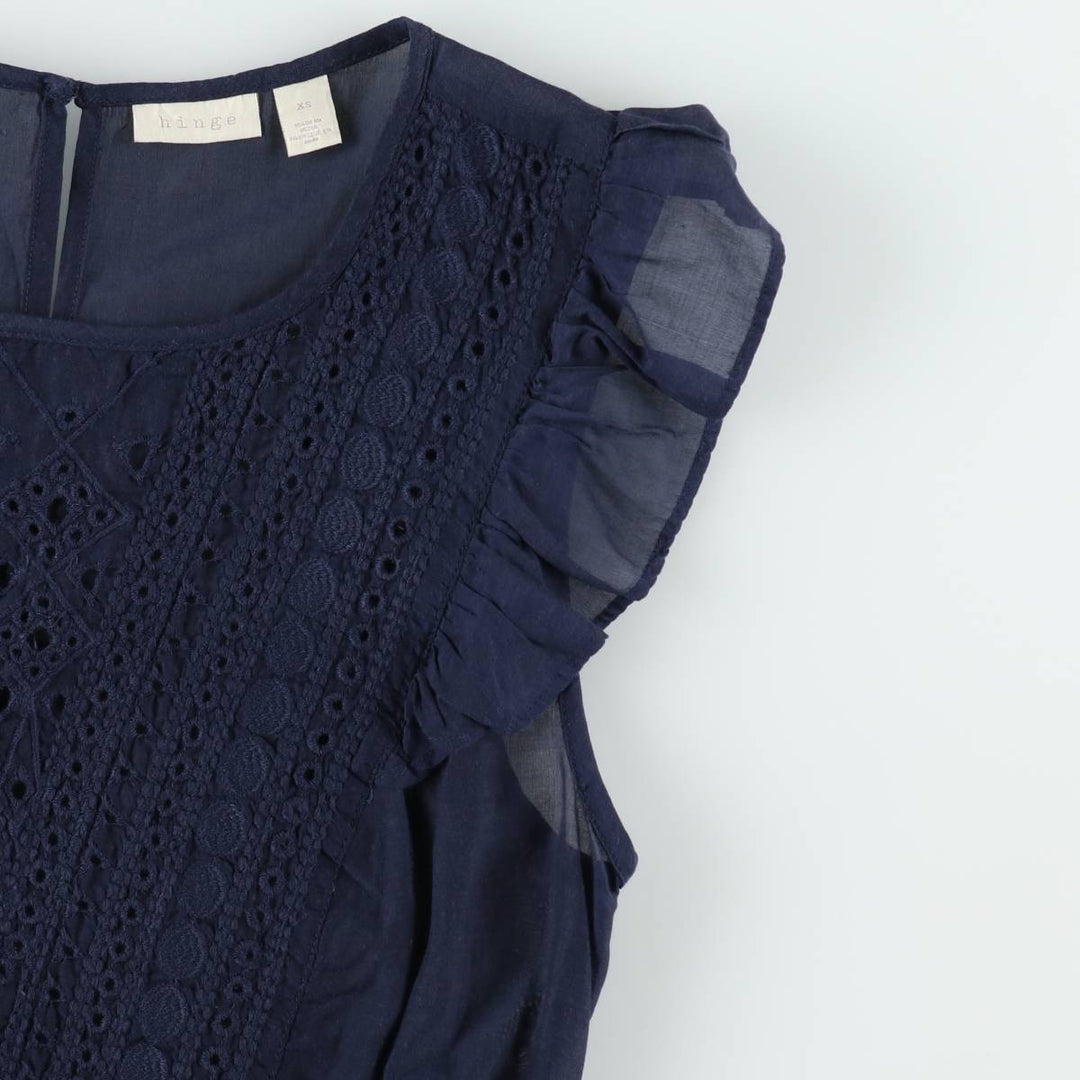 HINGE Ruffle Sleeve Peplum Short Sleeve Blouse (Women's Size XS) Viscose navy blue type Vintage Second Hand