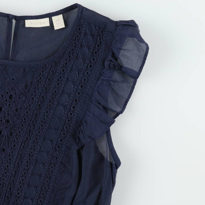 HINGE Ruffle Sleeve Peplum Short Sleeve Blouse (Women's Size XS) Viscose navy blue type Vintage Second Hand