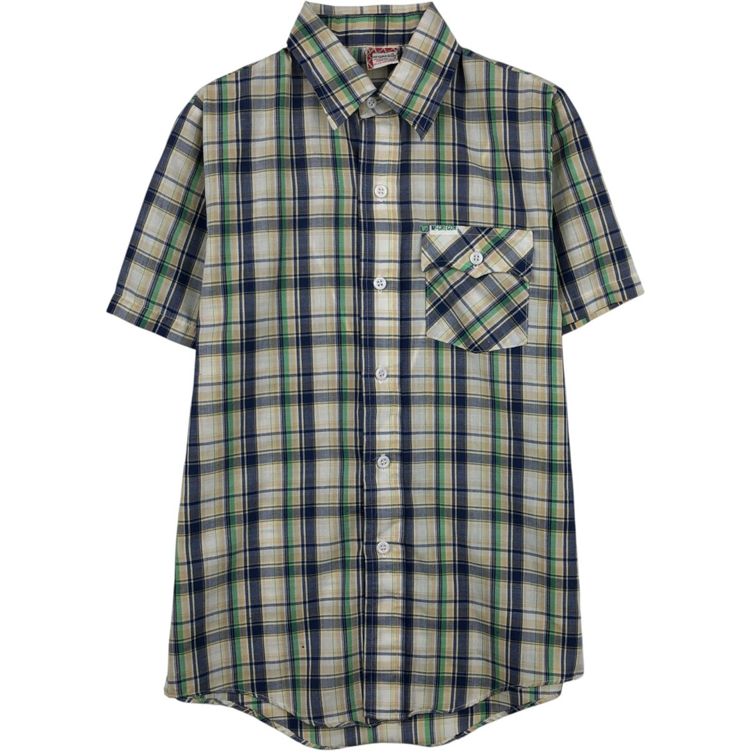 McGREGOR Check Pattern Short-Sleeve Poly-Cotton Shirt, Made in USA, Women's Size S (approx.) polyester Beige type Vintage Second Hand