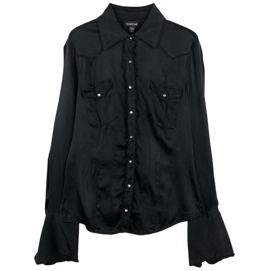 bebe Frill Long-Sleeve Western Shirt, Women's Size L (approx.) silk black type Vintage Second Hand